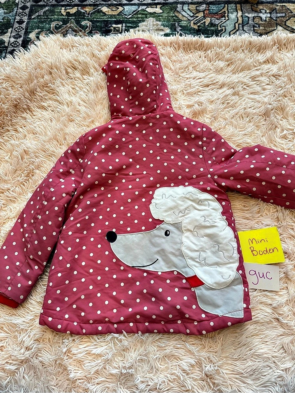 SAMPlE Mini Boden Poodle Applique Polka Dot Winter Jacket Pink Polka Dot Jacket